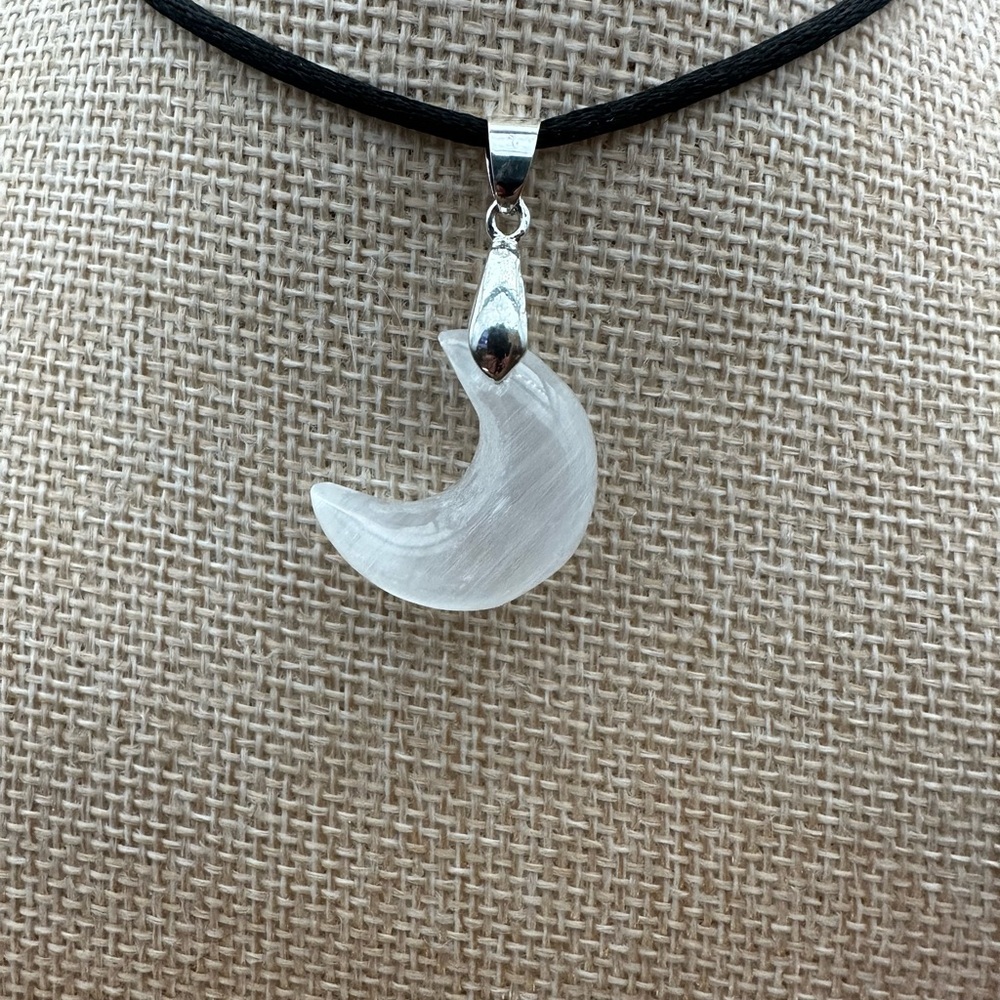 Small Selenite Crescent Moon Pendant on Black Satin Rope